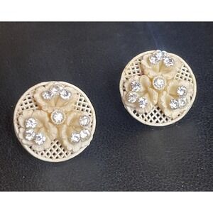 Celluloid Flower Earrings Clip Ons Rhinestone Carved Silver Tone Light Jewelry